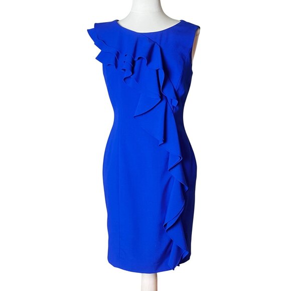 Calvin Klein Sleeveless Blue Ruffle Fitted Dress 8 Office Flirt Semi Formal Chic - Picture 1 of 13